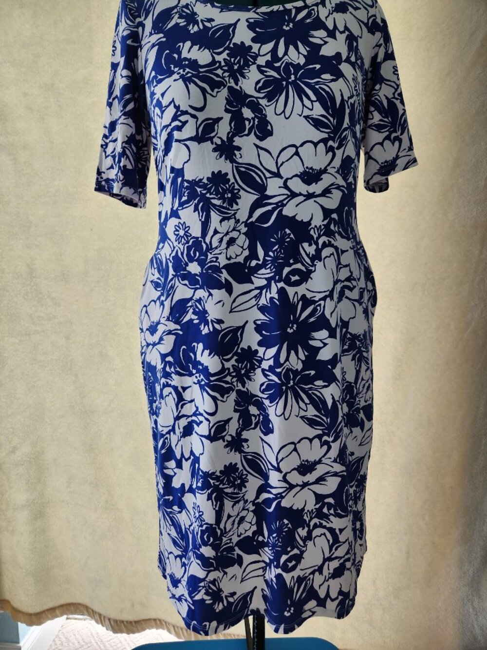 Sami & Jo Women's Blue White Flower Dress Short Sleeve Large